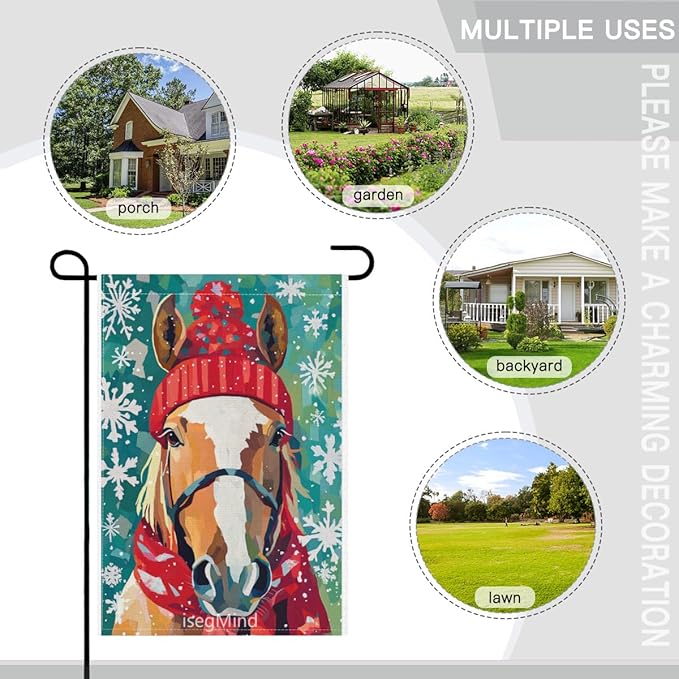 Horse with Red Scarf and Hat Snowflake Christmas Garden Flag, 28x40 Inch Double Sided Linen Holiday Red Winter Farmhouse Yard Outdoor Decoration (4321)