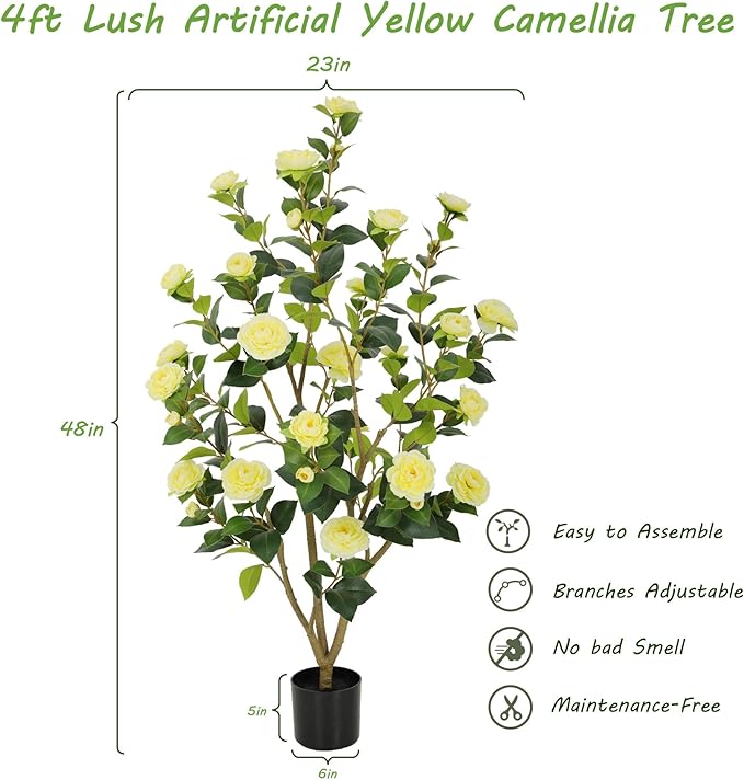 Nafresh 4FT Lush Artificial Yellow Camellia Tree Outdoor 2 Pack, 48inch Faux Camellia Plant, Fake Camellia Flowers Tree for Indoor Outdoor Living Room Home Patio Front Door Garden Decor