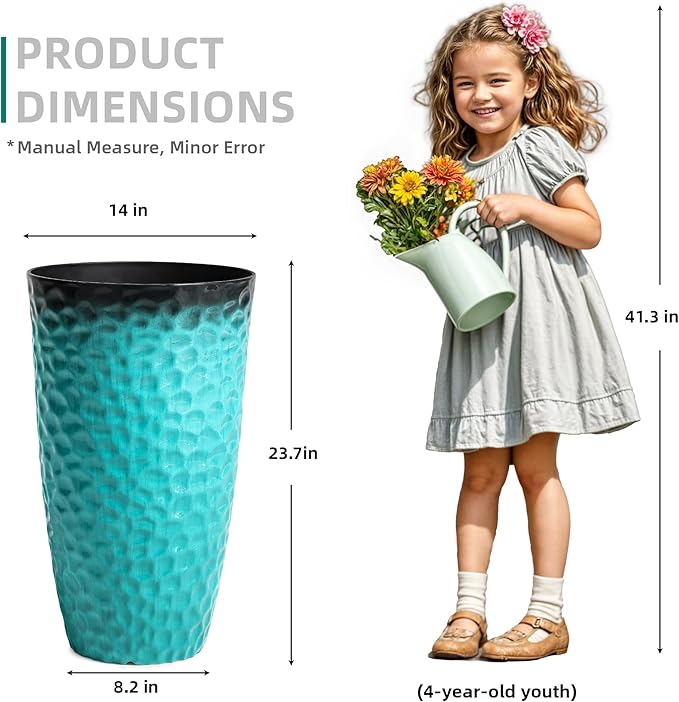 Ultym 23.75" H Large Tall Outdoor Planters, Set of 2 Plastic Large Flower Pots for Outdoor Plants, with Turquoise Teal Honeycomb Texture, Weather-Resistant for Porch, Garden, Patio or Indoor Use