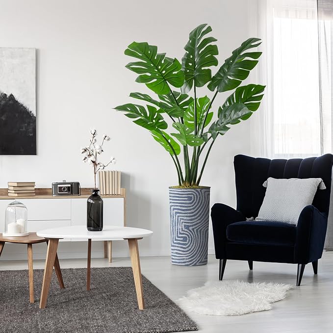 Artificial Tree in Contemporary Geometric Pattern Planter, Fake Monstera Silk Tree for Indoor and Outdoor Home Decoration - 65" Overall Tall (Plant Pot Plus Tree)