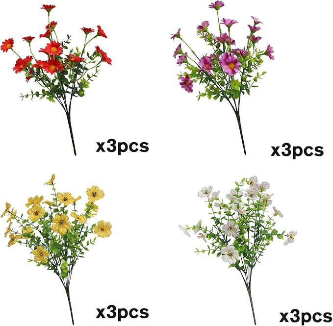 HIFORESTAR Artificial Outdoor Flowers 12 Bundles Spring Summer Silk Fake Plants Colorful Outside Realistic Wild Flower Plants Vibrant Durable Perfect Front Porch Planter Decoration (Multi Colour 1#)