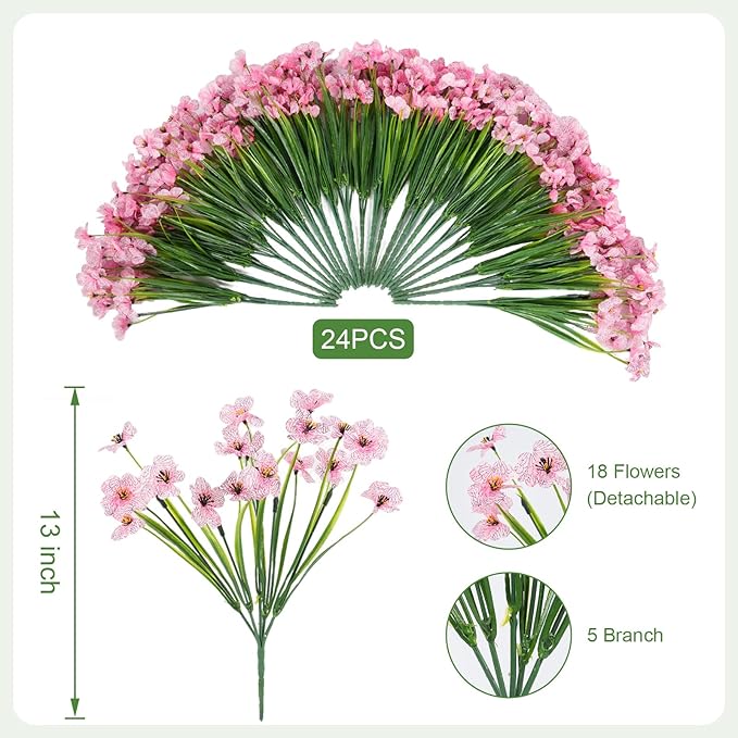 Stymedeca Artificial Flowers for Outdoor Faux Plants for Spring Summer Decoration, UV Resistant Realistic Silk Plastic Fake Flowers Garden Porch Patio Balcony Yard Front Home Decor, 24 Bundles