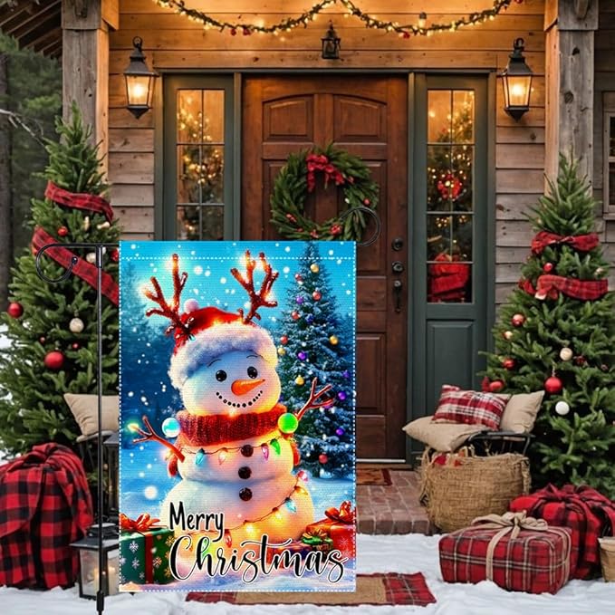 Christmas Snowman Garden Flag 12x18 Inch Double Sided Burlap Outdoor Holiday Yard Decor Cute Winter Lawn Banner with Lights Santa Hat Tree Gifts for Porch Patio Front Door