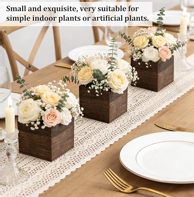Dahey Small 4 Inch Wood Wall Hanging Planter Boxes for Indoor Plants 3 Pack Square Rustic Farmhouse Wall Mounted Flower Pot Vases with Plastic Liner for Flower Greenery Garden Home Centerpiece Decor