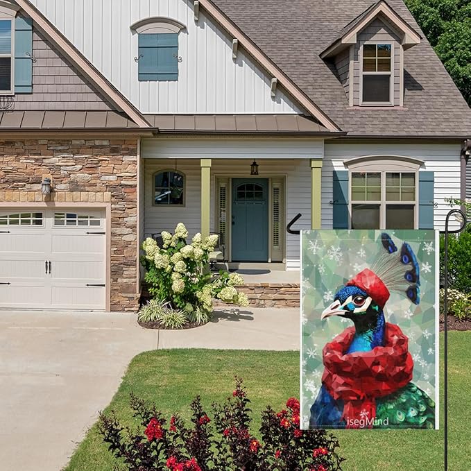 Peacock with Red Scarf and Hat Snowflake Christmas Garden Flag, 28x40 Inch Double Sided Linen Holiday Red Winter Farmhouse Yard Outdoor Decoration (4343)