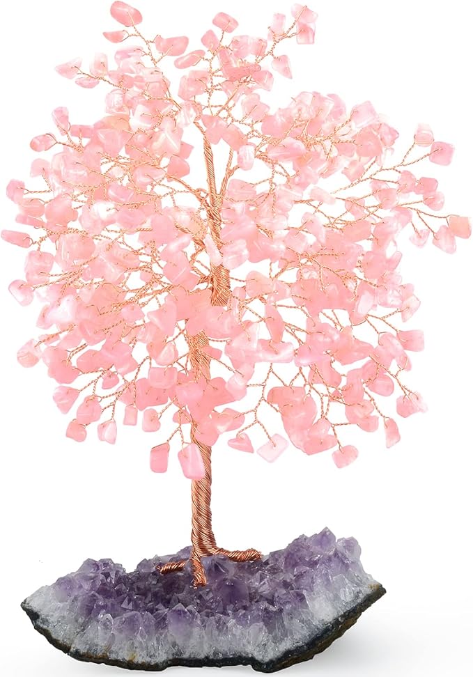 MASGEMES Gemstone Crystal Tree of Life,Natural Rose Quartz(406 Stones Count) with Amethyst Cluster Base,Chakra Positive Energy Feng Shui Decor Bonsai Money Tree,Birthday Gift 8.5''-9''