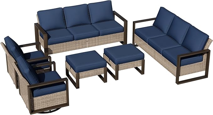 Outdoor Patio Swivel Rocker Chairs, 6 Pieces Wicker Furniture Set, 2 Swivel Rocking Chairs, 2 Sofa and 2 Ottoman, Metal Wide Armrest, Thick Cushions and Deep Seating for Garden, Backyard, Porch, Deck