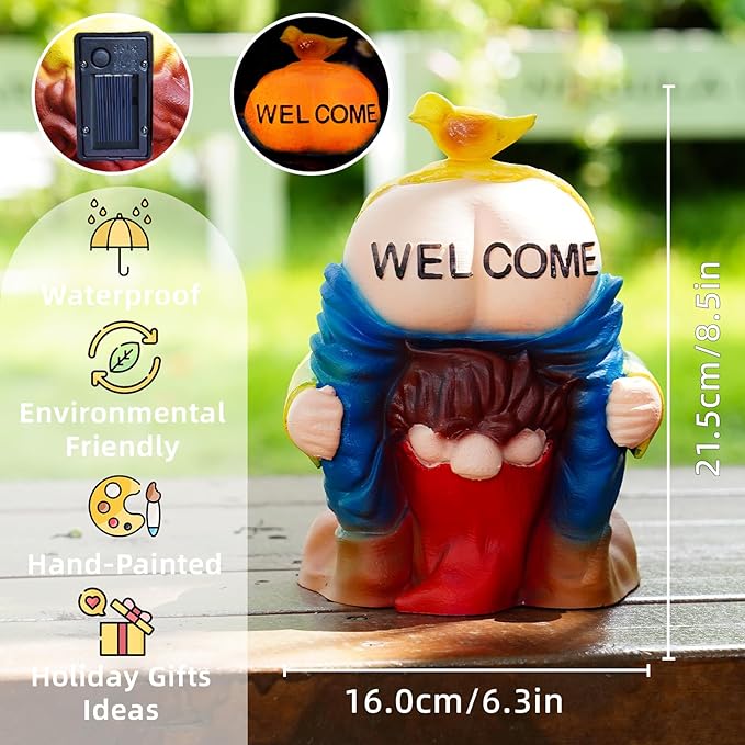 Solar Garden Statues Lights, 8.5" Christmas Outdoor Gnome Figurine with Auto On/Off for Yard Patio Decor, Gifts for Women, Grandma, Mom, Housewarming (Welcome Gnome)