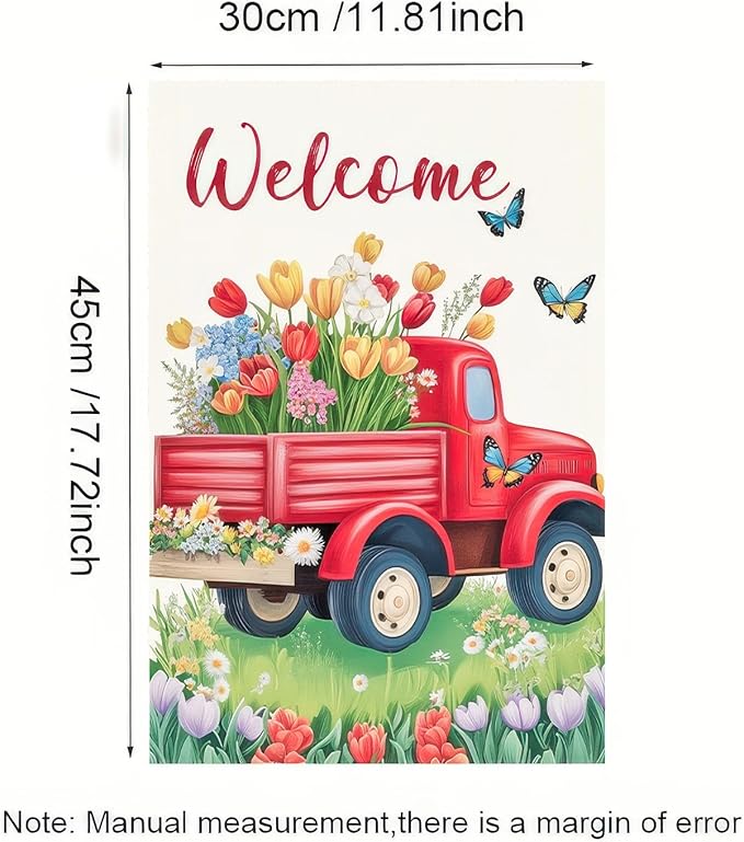Outdoor Garden Flag Double Sided Garden Flag Welcome Red Truck Flag Spring Flowers and Butterflies Design 12x18 Inch Polyester Yard Decoration for Outdoor Lawn and Patio