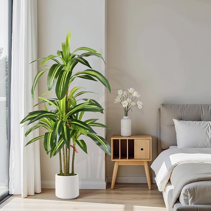 Alupssuc Artificial Dracaena Fake Tree 4FT, White High Pot Artificial Plants Indoor&Outdoor, Fake Plants for Office/Home/Living Room Potted Decoration, 4ft