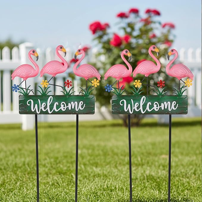 43.3inch Flamingo Garden Stakes with Vintage Welcome Yard Sign, Flamingo Outdoor Decor Metal Yard Art Ornaments for Outside Landscape, for Wife