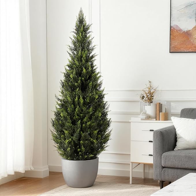 ZEEOZE 5FT Artificial Cedar Topiary Trees (1 Pack) - UV Resistant Faux Evergreen Shrubs Extra Dense Foliage Realistic Fake Pine Cypress Plants Easy Assembly for Front Porch Garden Indoor Office Decor