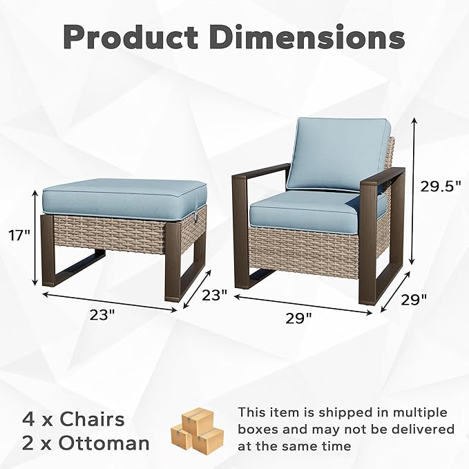 Joyside Outdoor Patio Chairs, 6 Pieces Wicker Rattan Furniture Set, 4 Patio Chairs and 2 Ottoman, Metal Wide Armrest, Thick Cushions and Deep Seating for Garden, Backyard, Porch, Deck