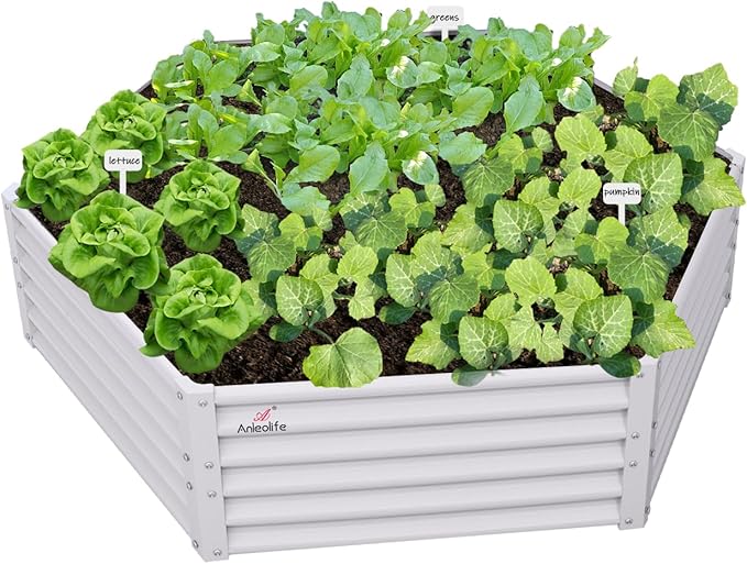 A ANLEOLIFE Hexagon Metal Raised Garden Bed, 18'' Tall Galvanized Flower & Ornamental Planter, 3FT Wide Decorative Raised Bed, Antique White