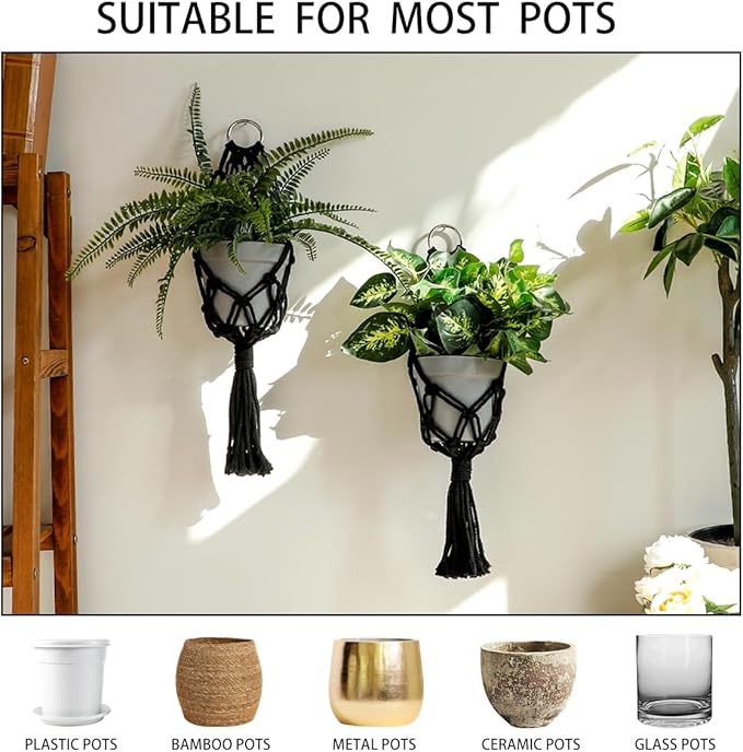 Artilady 2 Pack Black Macrame Plant Hanger Indoor - Large Hanging Planters for Wall Plants Holder Short Hademade Boho Farmhouse Rustic Home Decor (Black Plant Hanger)
