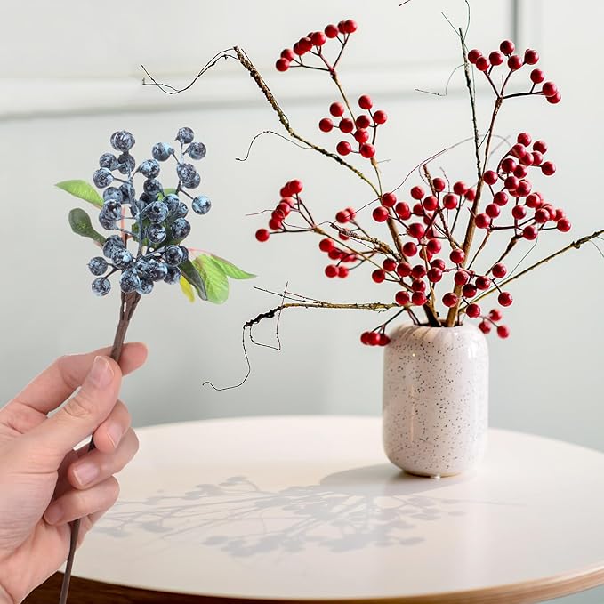 3-Pack Artificial Berry, 9.8 Inch Faux Holly Berry Foam Faux Frosted Berries with Stems for Home/Wedding/Christmas/DIY/Party/Garden/Office [Blueberry]