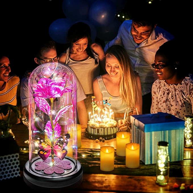 Valentines Day Rose Gifts for Her Women Birthday Gift Galaxy Glass Rose in Glass Dome Forever Eternal Crystal Flowers with Butterfly Valentines Day Gifts for Women Daughter Mom Wife Girlfriend Pink