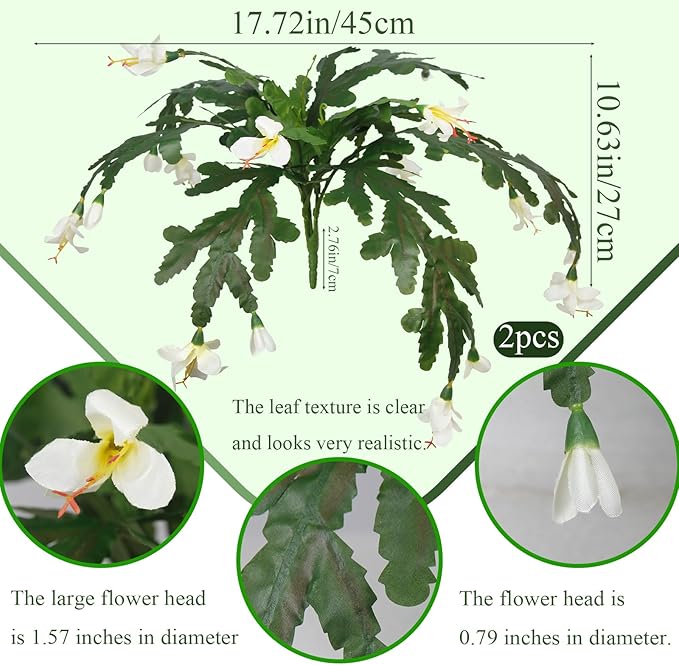 FRUNVS Artificial Ferns for Outdoors 2 Pcs Fake Ferns Plants Bushes with White Flowers and 24 Fronds 18" Faux Fern for Outdoor Hanging Planter Garden Porch Entrance Office Indoor Home Decor