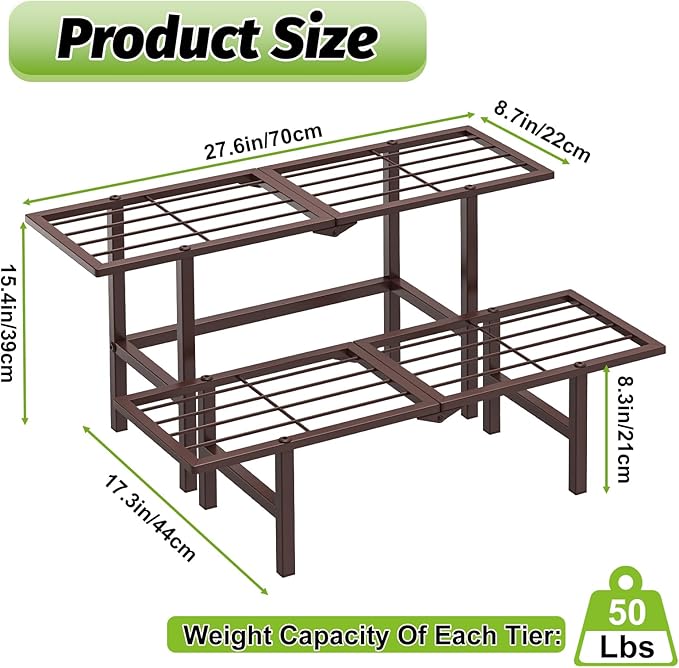 jsyonii 2 Tier Plant Stand Indoor Outdoor, Foldable Metal Ladder Plant Stands,Heavy Duty Tall Plant Shelf Flower Pot Holder Display Shelving for Garden Living Room Patio,Brown