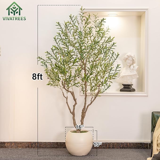 Olive Tree Artificial Indoor, 8FT Tall Faux Olive Tree with 16in Round White Planter, Artificial Plants with Natural Wood Trunk and Lifelike Fruits for Home Office Decor