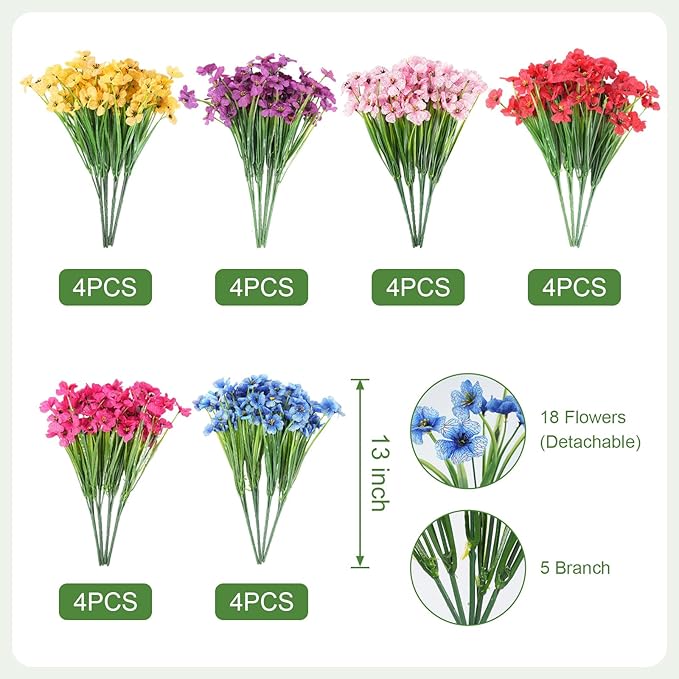 Stymedeca Artificial Flowers for Outdoor Faux Plants for Spring Summer Decoration, UV Resistant Realistic Silk Plastic Fake Flowers Garden Porch Patio Balcony Yard Front Home Decor, 24 Bundles