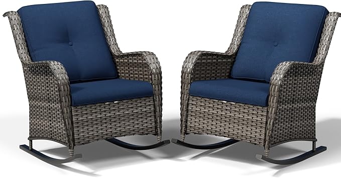 Joyside Outdoor Rocking Chairs Set of 2, Wicker Patio Furniture with High Back, Deep Seating, Wide Armrest, Thickened Cushions, Outdoor Rattan Furniture for Deck, Porch Use