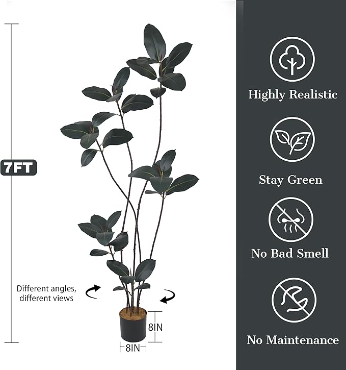 Artificial Rubber Tree 7FT with 40 Glossy Leaves & 6 Heads & Black Pot Realistic Tall Large Faux Tropical Lifelike Ficus Elastica Plant 84 Inch for Indoor Home Office Corner Modern Decor