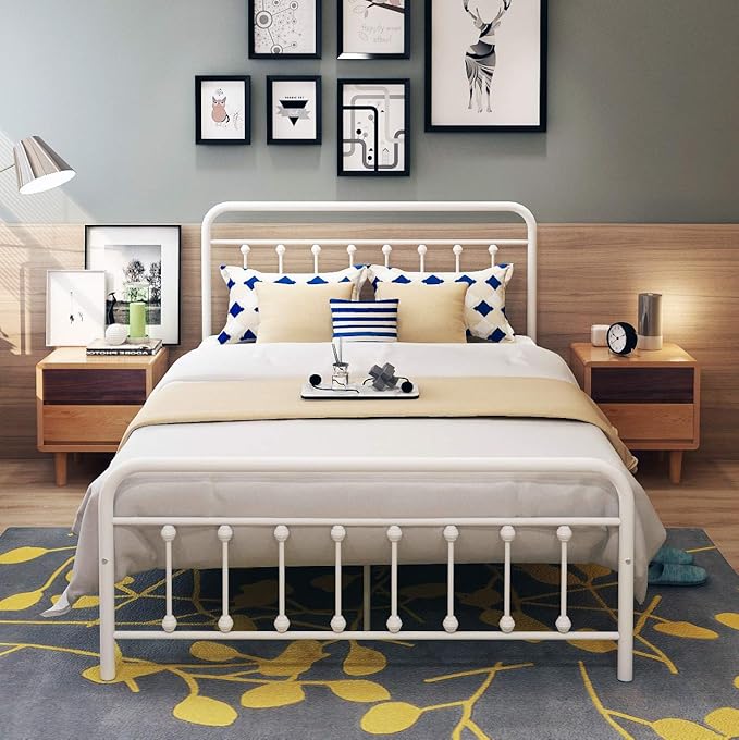 DUMEE Metal Full Size Bed Frame Platform with Vintage Headboard and Footboard Sturdy Premium Steel Slat Support No Box Spring Needed, Textured White