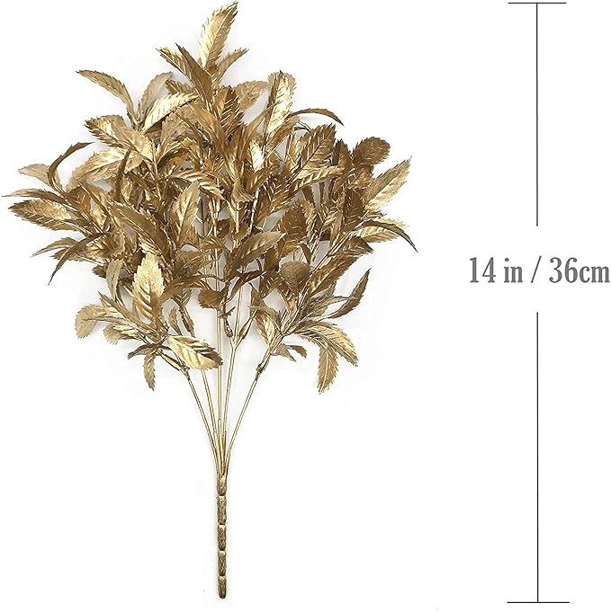 PASYOU Artificial Golden Plants Decor, Plastic Grass Fake Shrubs Simulation Leaves for Indoor Outdoor Home Garden Planter Filler Party Verandah Wedding Faux DIY Decoration - Gold 6 Pack