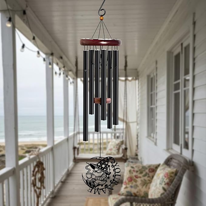 Personalized Customize Name Gnome Wind Chime, Metal Iron 37 Inch Outdoor Memorial Gift for Garden Yard Patio Home Decor, Black，Christmas (Style H)