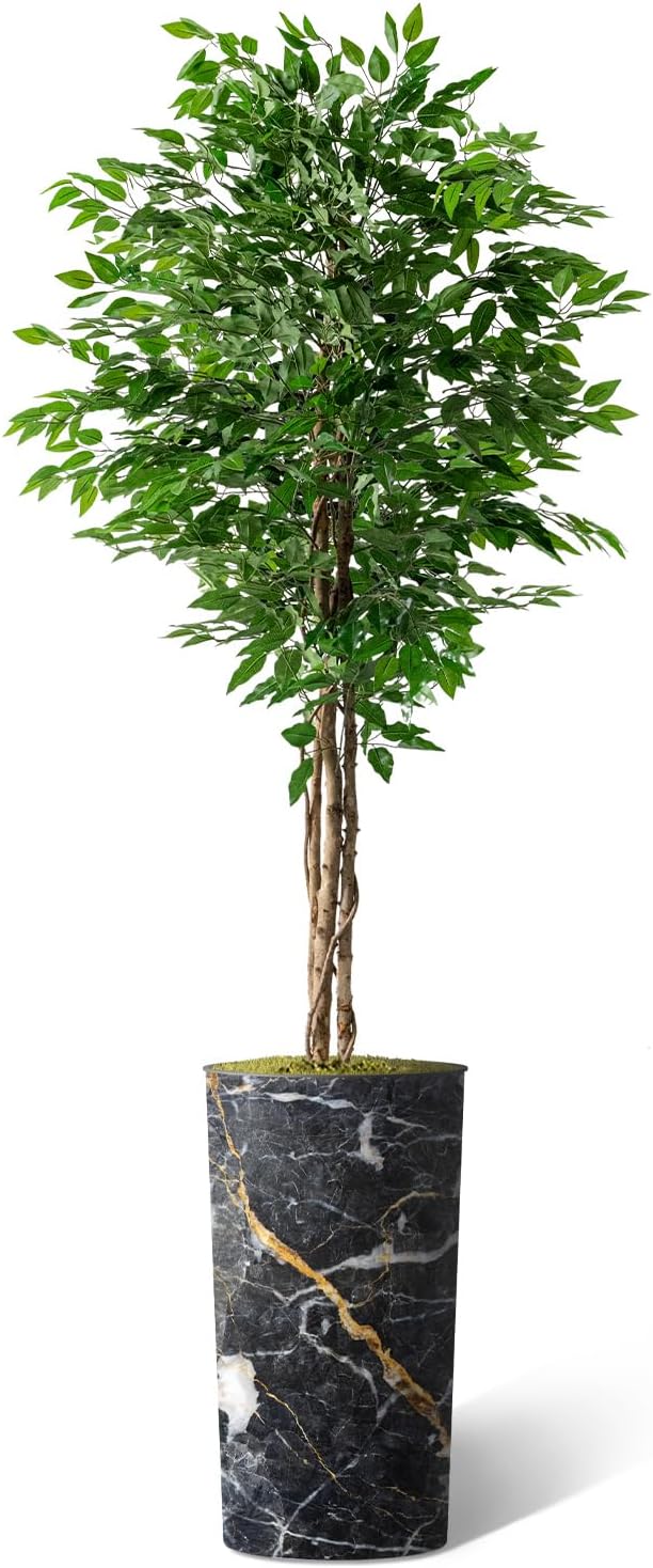 Artificial Tree in Modern Granite Effect Planter, Fake Ficus Silk Tree for Indoor and Outdoor Home Decoration - 75" Overall Tall (Plant Pot Plus Tree)