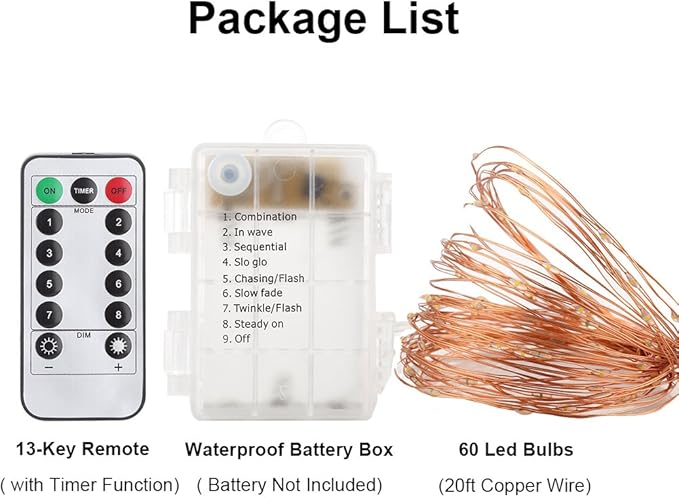 GDEALER 2 Pack 20 Feet 60 Led Fairy Lights Battery Operated with Remote Control Timer, 8 Modes Waterproof Copper Wire Twinkle String Lights for Bedroom Party Indoor- Warm White