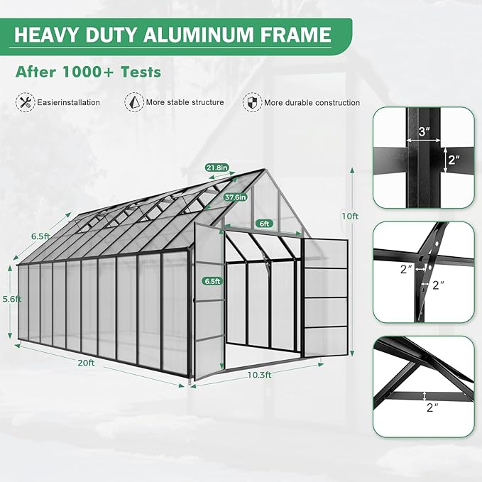 10x20 FT Greenhouse for Outdoor, Large Easy Assembly Heavy Duty Polycarbonate Panels Aluminum Frame Walk-in Green House with 3 Windows Wider Door for Garden Plants