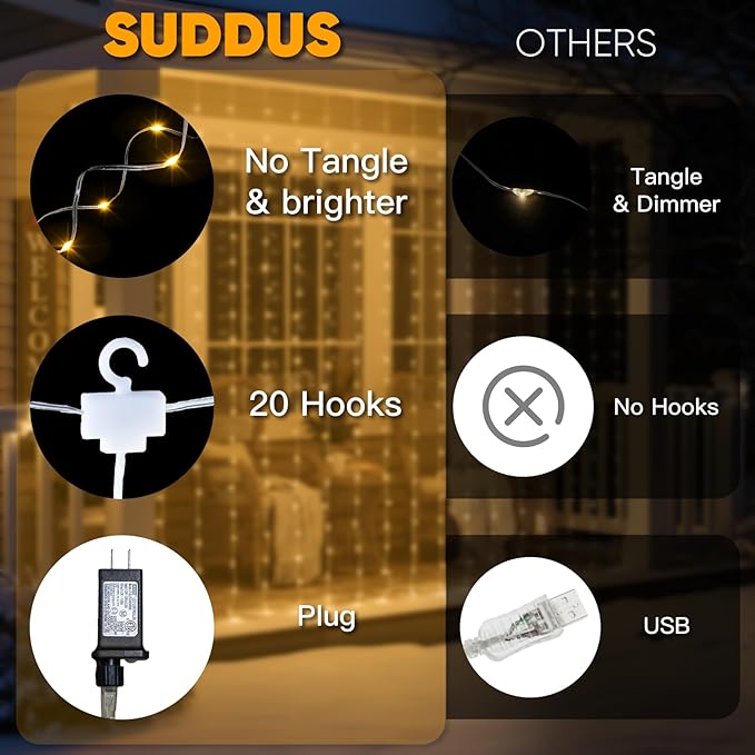 suddus Tangle-Free Curtain Lights,400 LED Connectable Hanging Lights with Hook, Waterproof Window Lights for Christmas, Dorm, Wall, Backdrop, Wedding, Party, Birthday Decor, Warm White
