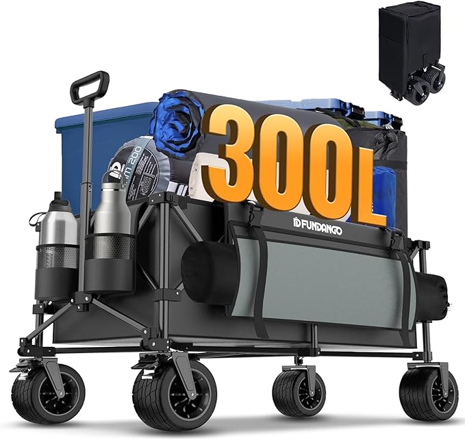 FUNDANGO Large Wagons Carts Foldable Heavy Duty, 300L Compact Collapsible Folding Wagon with Big All-Terrain Wheels for Outdoor, Camping, Sand Beach, Sport, Lawn, Garden, Shopping Groceries, Black