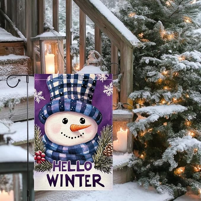 Winter Garden Flag 12x18 Inch Double Sided Small Burlap Outdoor Seasonal Decoration Cute Snowman Design with Plaid Hat and Scarf Hello Winter Welcome Flag for Yard Patio Front Porch