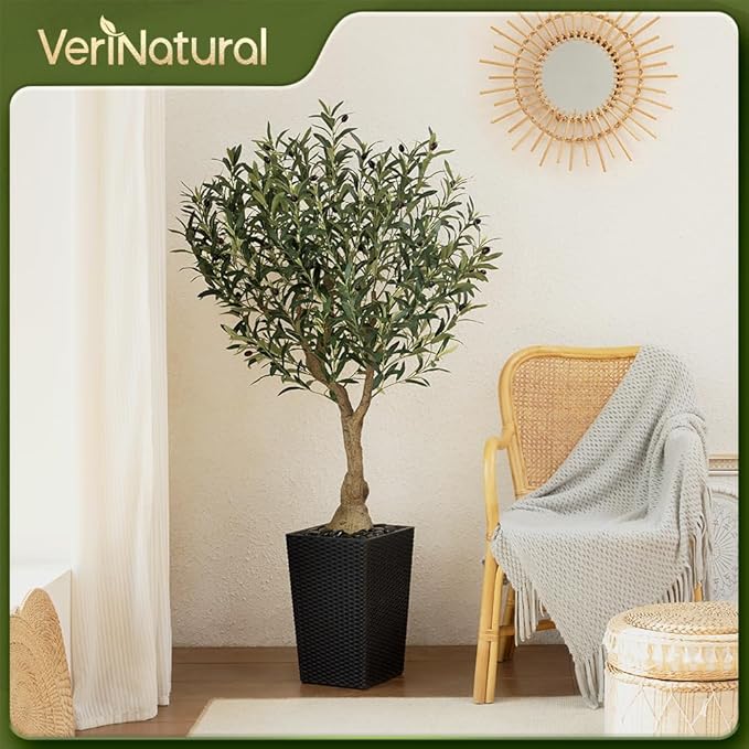 VeriNatural Artificial Olive Tree 5ft, Tall Fake Tree for Indoor & Outdoor Decor with Black Pot & Pebbles, UV Resistant Silk Leaves, Realistic Faux Potted Plant for Living Room,Office,Home Decor,VN137