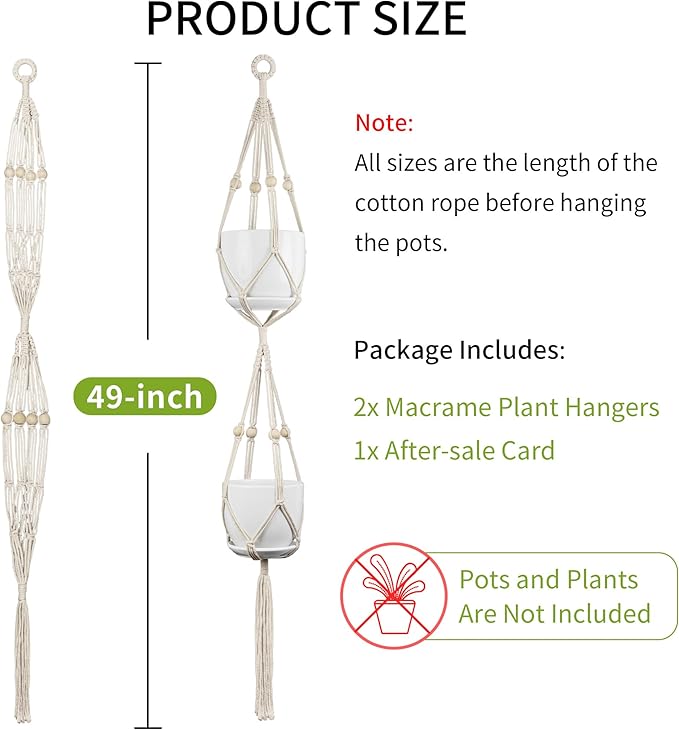 IDEEEPAN Macrame Plant Hanger - Fits 4 to 8 inches Pots for Indoor Outdoor, 49 Inch, Set of 2, Ivory (POTS NOT Included)