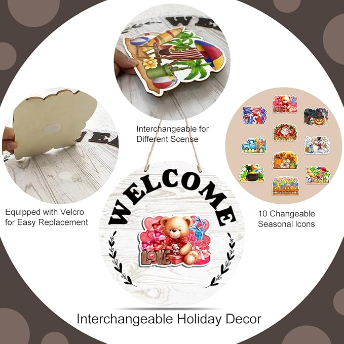 Interchangeable Seasonal Welcome Sign Valentine's Day Front Door Decoration, Rustic Round Wood Wreath Porch Decor, Changeable Welcome Sign for Spring Summer Fall Winter All Seasons Holiday, White