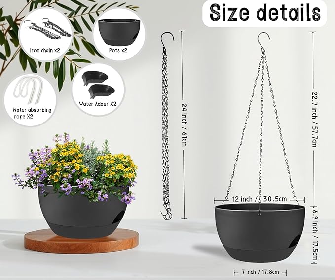 zople 2 Pack 12 Inch Large Hanging Planters with Chains Self Watering Black Plastic Hanging Pots for Indoor Outdoor Plants, Garden Porch Home Decor，Black