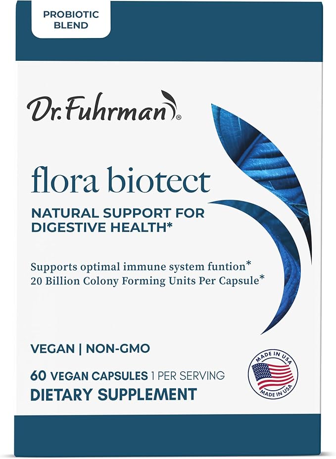 Dr. Fuhrman Prebiotic and Probiotic for Women & Men | Flora Biotect Natural Support for Digestive Health & Gut Biome | Provides Bloating Relief & Bowel Regularity | 20 Billion Live Strains | 60 Caps