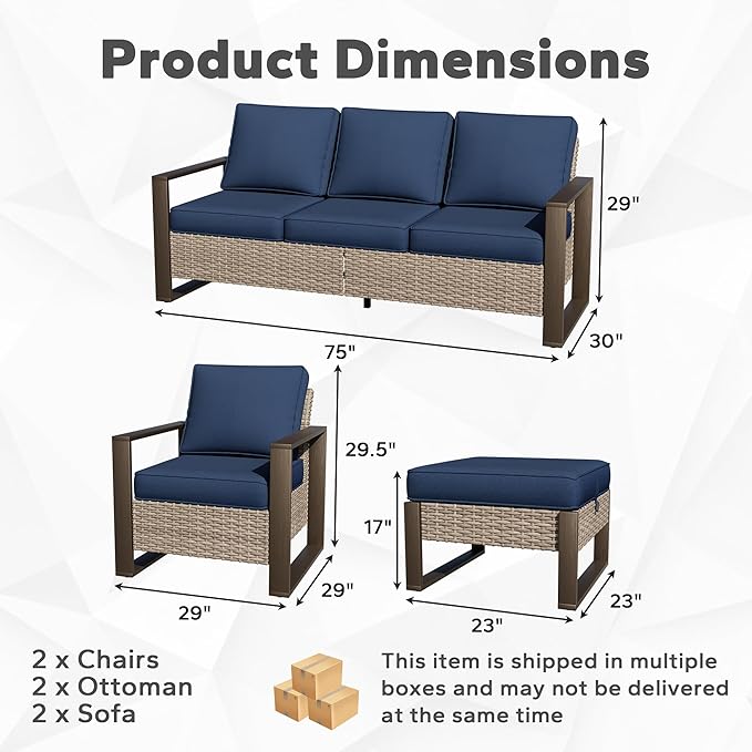 Joyside Outdoor Patio Chairs, 5 Pieces Wicker Rattan Furniture Set, 2 Patio Chairs, 2 Sofa and 2 Ottoman, Metal Wide Armrest, Thick Cushions and Deep Seating for Garden, Backyard, Porch, Deck