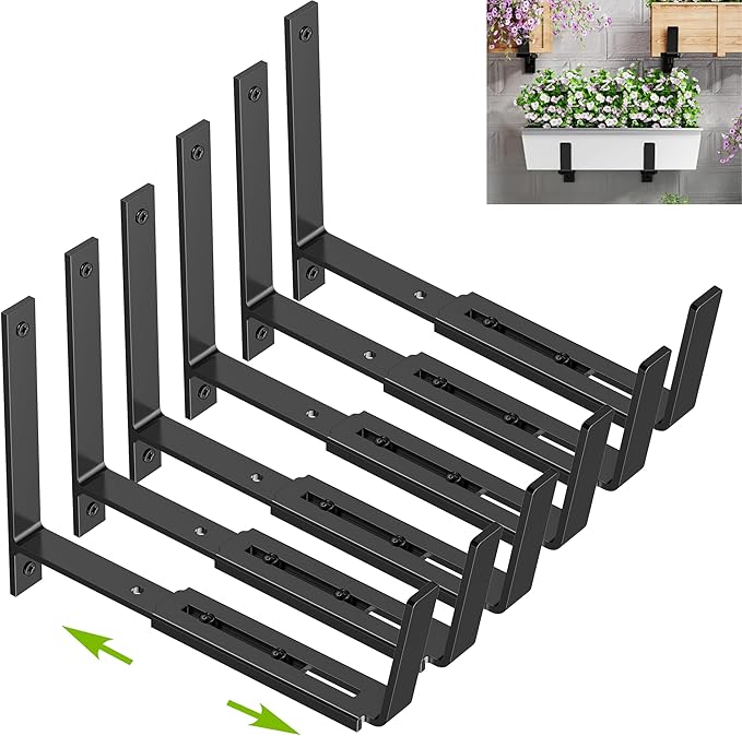 Y&M 6 PCS Adjustable Window Box Brackets for Planter Box, Heavy Duty Wall Mounted Hooks Hangers for Flower Baskets Holder Durable Brackets for Fence Patio Garden Balcony