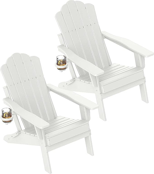 FOOWIN HDPE Adjustable Adirondack Chair Set of 4, 400lbs Heavy Duty Folding Patio Chairs with Cup Holder, 3-Position Reclining Fire Pit Seating, All-Weather Poly Lumber for Backyard, Deck - White