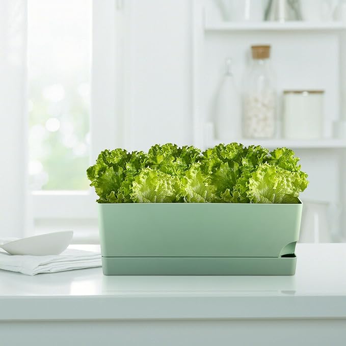 2 Pack Self Watering Pots for Indoor Plants 17 Inches Window Boxes Planters Rectangular Flower Pots Rectangle Herb Pots Large Plant Pots with Drainage Holes and Saucers Windowsill Planter, Green