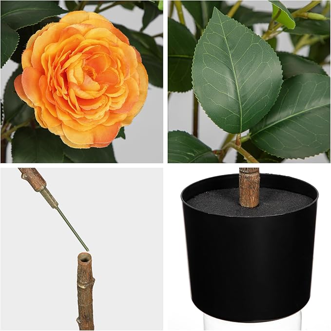 4ft Artificial Camellia Tree Fake Camellia Plant with Orange Flowers Faux Floral Plant Blooming Tree in Black Pot for Indoor Outdoor Office Home Front Door Porch Decor (2 Pack - Orange)