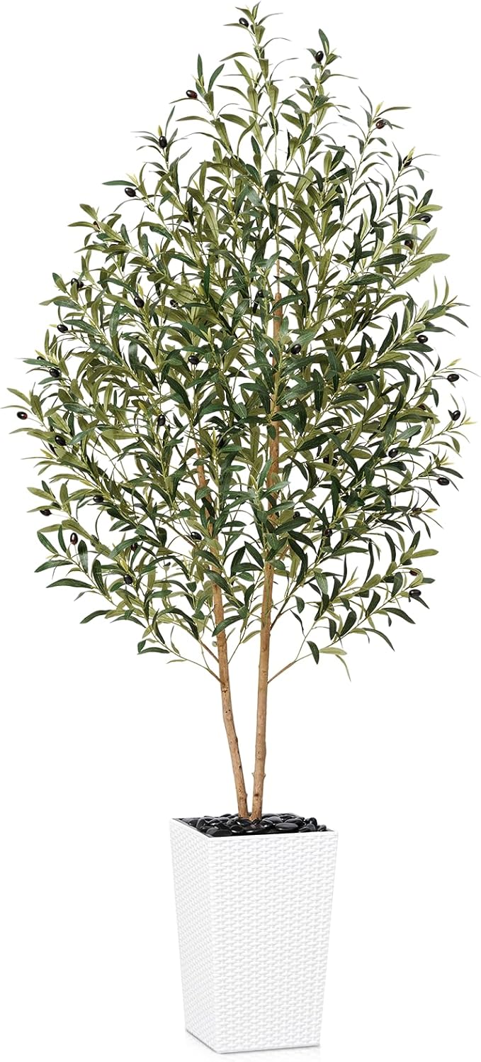 VeriNatural Artificial Olive Tree 6FT - Tall Faux Olive Trees with Natural Wood Trunk, Silk Leaves, White Taper Planter & Pebbles, UV Resistant Fake Plants Indoor for Home Decor, Office,Outdoor,VN131