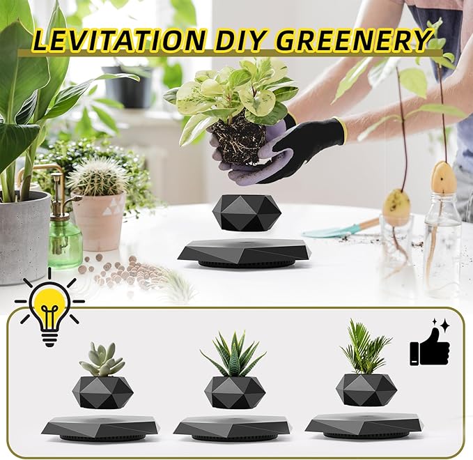 Leekimid Levitating Plant Pot, Magnetic Levitation Flower Pot Suspension Floating Plant Succulents, Air Bonsai Potted Plant for Home Decoration, Living Room, Office, Desk (Black)