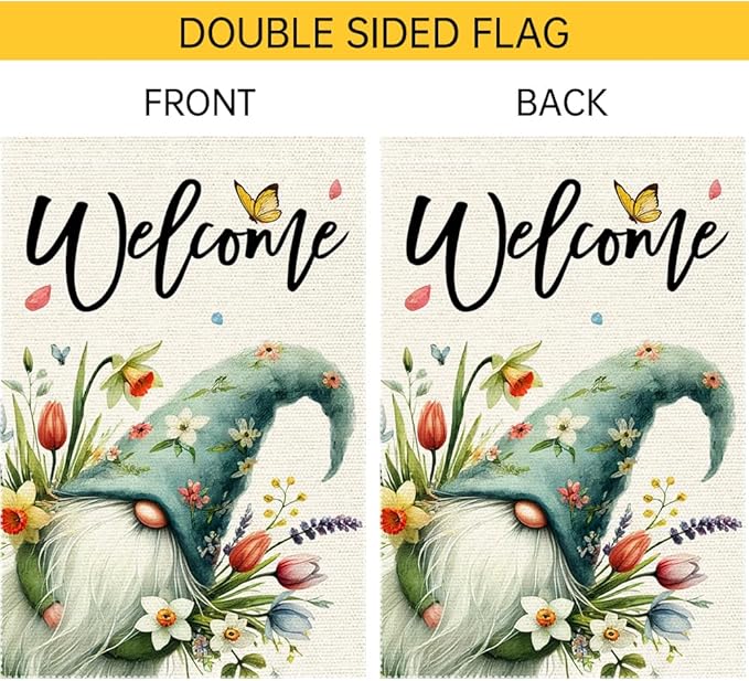 Welcome Spring Summer Tulip Garden Flag Flowers Butterfly Garden Flags 12x18 Inch Burlap Double Sided Gnome Colorful Floral Small Lawn Yard Outside Rustic Farmhouse Holiday Decorations Flags
