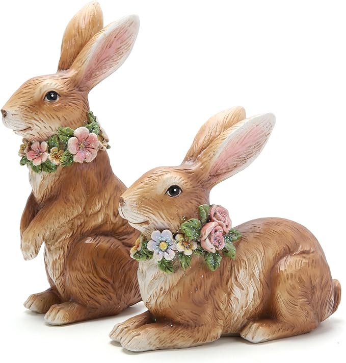 Hodao Spring Garden Patio Bunny Figurine Set (2pcs) The Perfect Accent for a Wonderful Garden-Easter Bunny Figurine Decor Indoor Home Decorations (Brown)